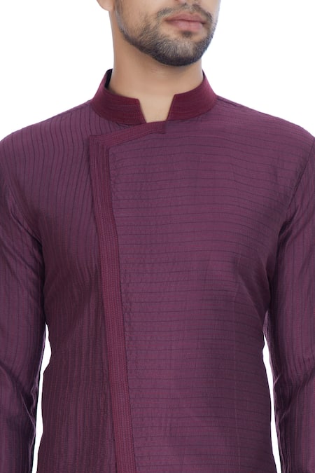 Kunal Anil Tanna_Wine Spun Silk Textured Overlap Kurta With Blue Pants  _at_Aza_Fashions