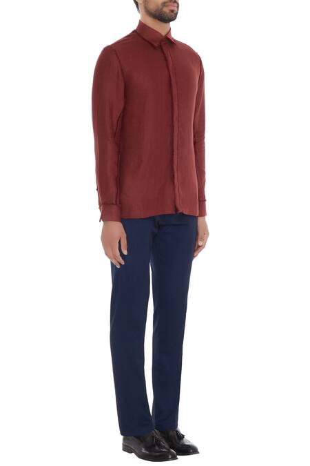 Khanijo_Red Linen Wine Solid Shirt _Online_at_Aza_Fashions