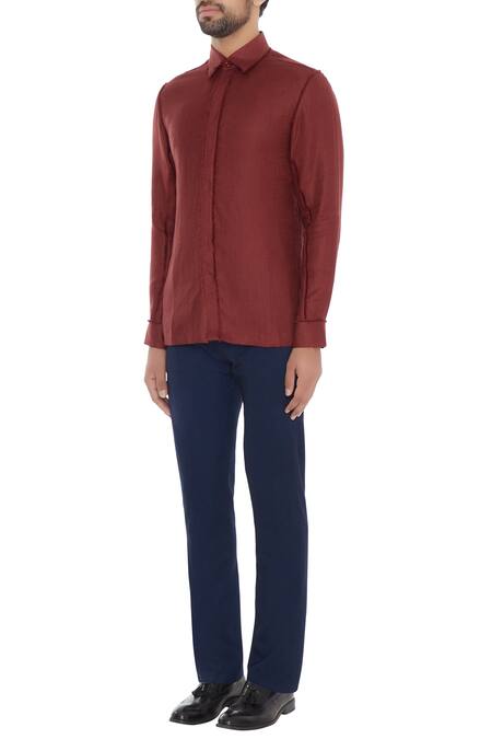 Buy_Khanijo_Red Linen Wine Solid Shirt _Online_at_Aza_Fashions