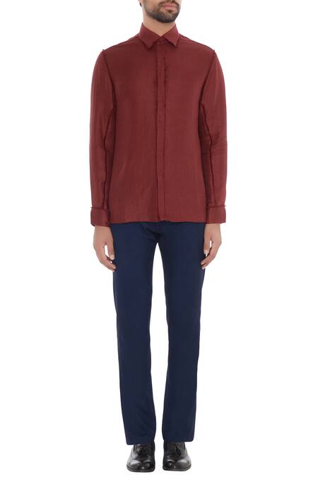 Shop_Khanijo_Red Linen Wine Solid Shirt _Online_at_Aza_Fashions