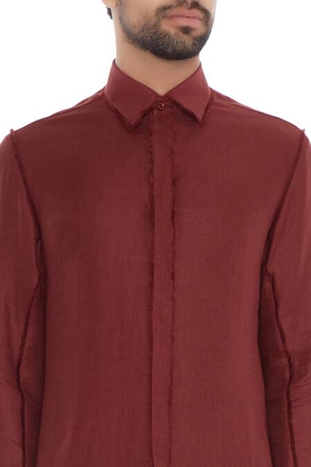 Khanijo_Red Linen Wine Solid Shirt _at_Aza_Fashions