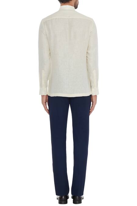 Shop Khanijo Off White Linen Ivory Solid Frayed Shirt at Aza Fashions Shop_Khanijo_Off White Linen Ivory Solid Frayed Shirt_at_Aza_Fashions