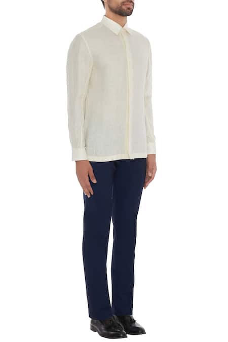 Khanijo Off White Linen Ivory Solid Frayed Shirt Online at Aza Fashions Khanijo_Off White Linen Ivory Solid Frayed Shirt_Online_at_Aza_Fashions
