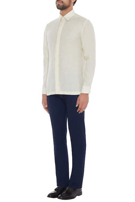 Buy Khanijo Off White Linen Ivory Solid Frayed Shirt Online at Aza Fashions Buy_Khanijo_Off White Linen Ivory Solid Frayed Shirt_Online_at_Aza_Fashions