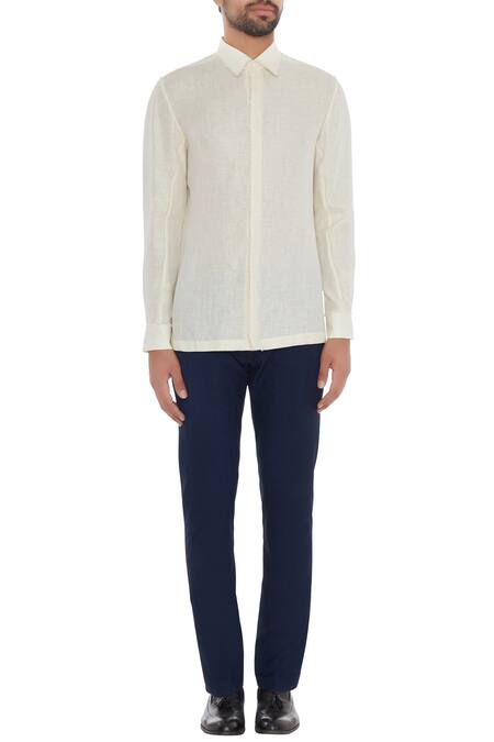 Shop Khanijo Off White Linen Ivory Solid Frayed Shirt Online at Aza Fashions Shop_Khanijo_Off White Linen Ivory Solid Frayed Shirt_Online_at_Aza_Fashions