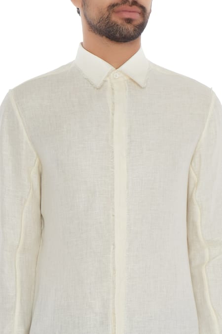 Khanijo Off White Linen Ivory Solid Frayed Shirt at Aza Fashions Khanijo_Off White Linen Ivory Solid Frayed Shirt_at_Aza_Fashions