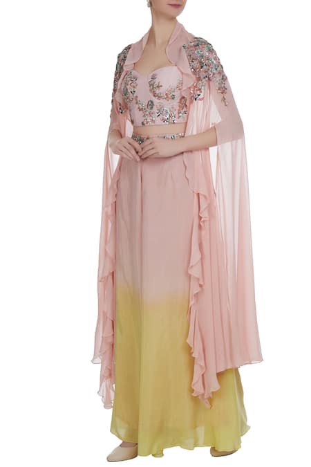 Mani Bhatia Yellow Cotton Silk Embroidered Sequins Sweetheart Ombre And Bugle Bead Cape Set 