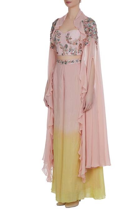 Buy_Mani Bhatia_Yellow Cotton Silk Embroidered Sequins Sweetheart Ombre And Bugle Bead Cape Set _Online_at_Aza_Fashions