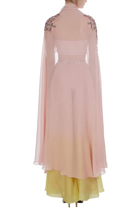 Shop_Mani Bhatia_Yellow Cotton Silk Embroidered Sequins Sweetheart Ombre And Bugle Bead Cape Set _at_Aza_Fashions