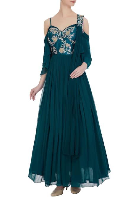 Mani Bhatia Green Georgette Cold-shoulder Corset Pleated Anarkali With Cancan Underlayer 