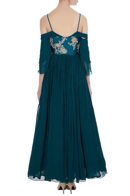 Shop_Mani Bhatia_Green Georgette Cold-shoulder Corset Pleated Anarkali With Cancan Underlayer _at_Aza_Fashions