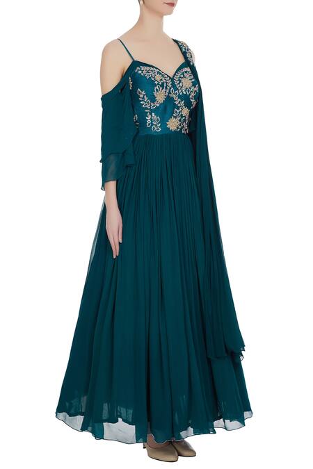 Mani Bhatia_Green Georgette Cold-shoulder Corset Pleated Anarkali With Cancan Underlayer _Online_at_Aza_Fashions