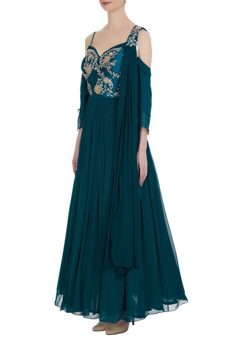 Buy_Mani Bhatia_Green Georgette Cold-shoulder Corset Pleated Anarkali With Cancan Underlayer _Online_at_Aza_Fashions