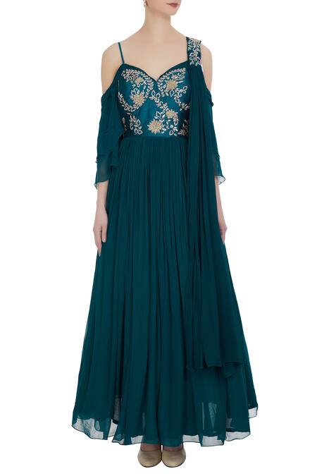 Shop_Mani Bhatia_Green Georgette Cold-shoulder Corset Pleated Anarkali With Cancan Underlayer _Online_at_Aza_Fashions