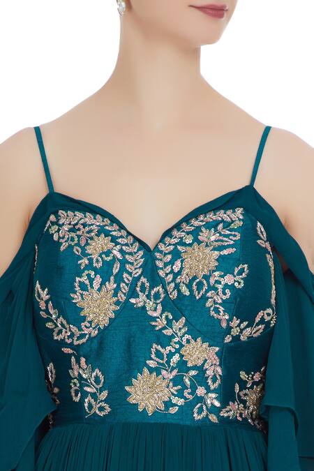 Mani Bhatia_Green Georgette Cold-shoulder Corset Pleated Anarkali With Cancan Underlayer _at_Aza_Fashions