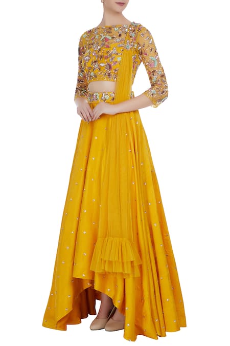 Mani Bhatia Yellow Raw Silk Embroidered Sequins Round High-low Lehenga Set 