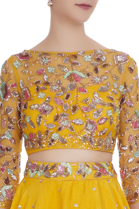 Mani Bhatia_Yellow Raw Silk Embroidered Sequins Round High-low Lehenga Set _at_Aza_Fashions
