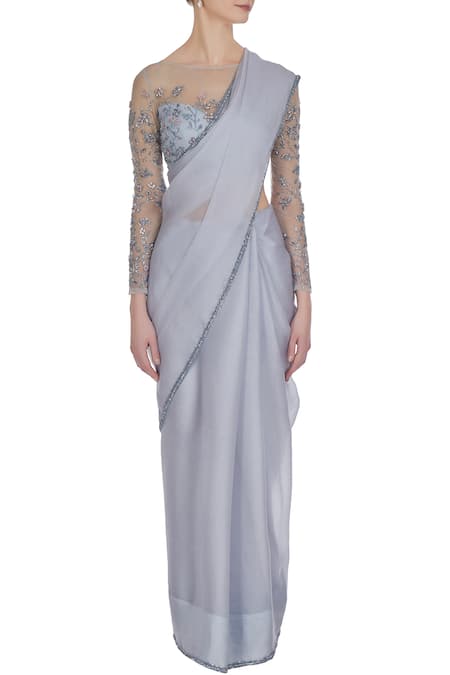 Pooja Peshoria Grey Organza Silk Embroidered Floral Round Hand Sequin Saree With Blouse Online at Aza Fashions Pooja Peshoria_Grey Organza Silk Embroidered Floral Round Hand Sequin Saree With Blouse _Online_at_Aza_Fashions