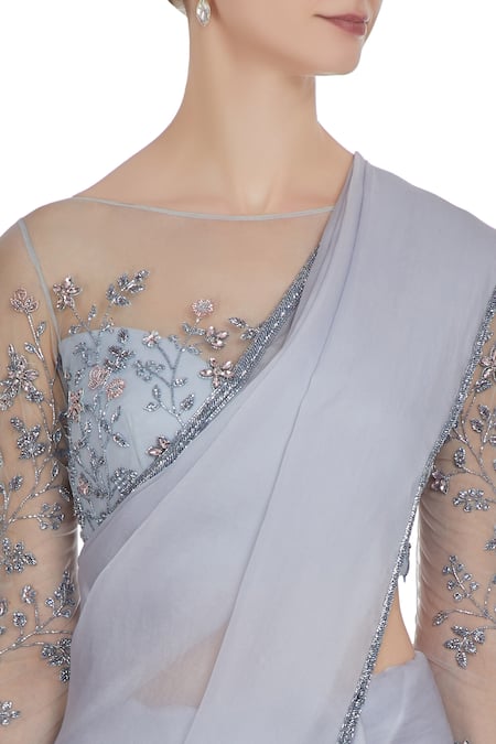 Buy Pooja Peshoria Grey Organza Silk Embroidered Floral Round Hand Sequin Saree With Blouse Online at Aza Fashions Buy_Pooja Peshoria_Grey Organza Silk Embroidered Floral Round Hand Sequin Saree With Blouse _Online_at_Aza_Fashions