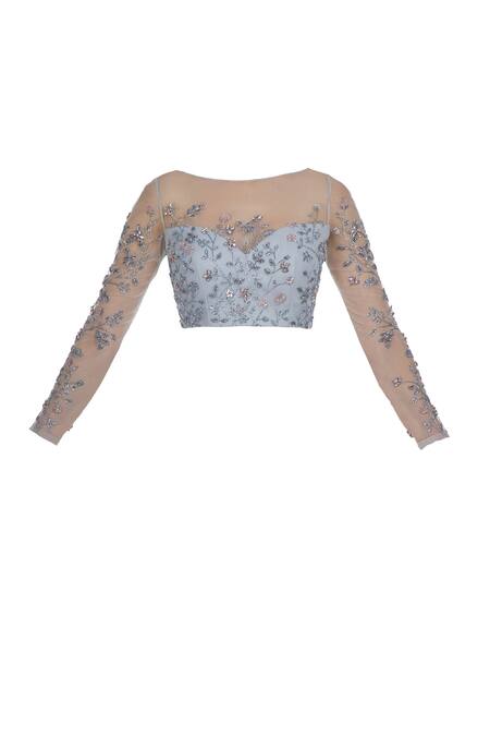 Shop Pooja Peshoria Grey Organza Silk Embroidered Floral Round Hand Sequin Saree With Blouse Online at Aza Fashions Shop_Pooja Peshoria_Grey Organza Silk Embroidered Floral Round Hand Sequin Saree With Blouse _Online_at_Aza_Fashions