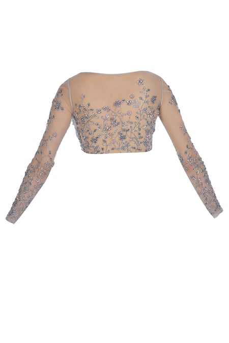 Pooja Peshoria Grey Organza Silk Embroidered Floral Round Hand Sequin Saree With Blouse at Aza Fashions Pooja Peshoria_Grey Organza Silk Embroidered Floral Round Hand Sequin Saree With Blouse _at_Aza_Fashions