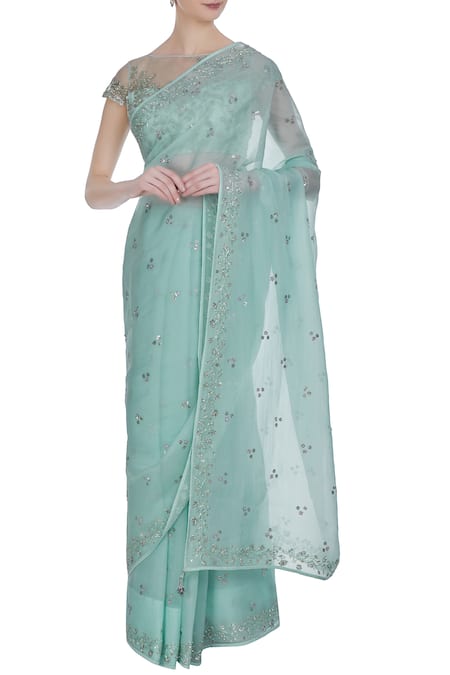 Pooja Peshoria Blue Organza Embroidered Floral Round Hand Saree With Blouse