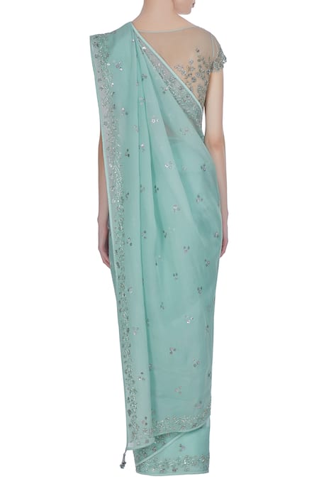 Pooja Peshoria Organza floral hand embroidered saree with blouse 