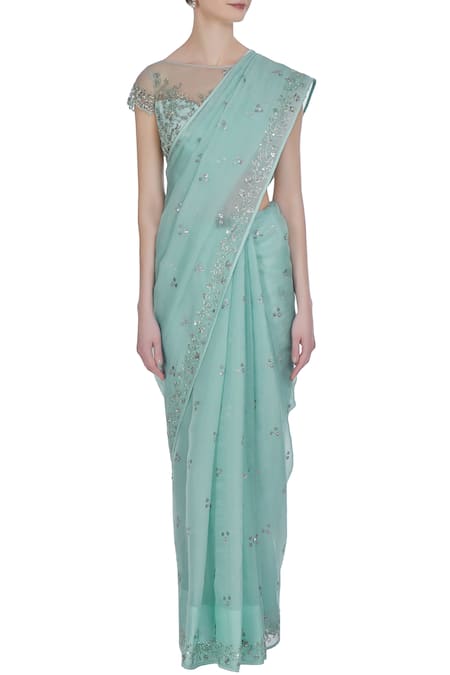 Pooja Peshoria Blue Organza Embroidered Floral Round Hand Saree With Blouse Online at Aza Fashions Pooja Peshoria_Blue Organza Embroidered Floral Round Hand Saree With Blouse _Online_at_Aza_Fashions