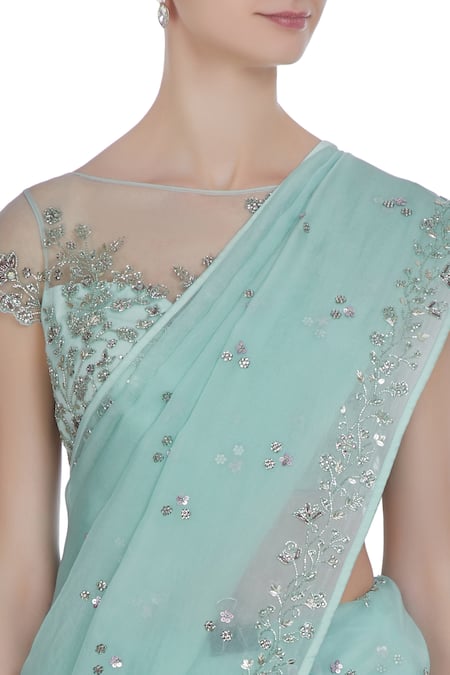 Buy Pooja Peshoria Blue Organza Embroidered Floral Round Hand Saree With Blouse Online at Aza Fashions Buy_Pooja Peshoria_Blue Organza Embroidered Floral Round Hand Saree With Blouse _Online_at_Aza_Fashions