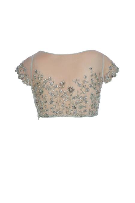 Pooja Peshoria Blue Organza Embroidered Floral Round Hand Saree With Blouse at Aza Fashions Pooja Peshoria_Blue Organza Embroidered Floral Round Hand Saree With Blouse _at_Aza_Fashions