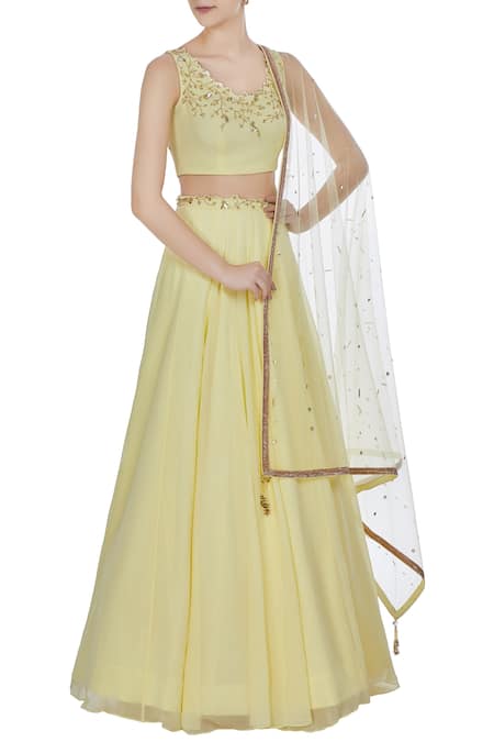 Pooja Peshoria Yellow Georgette Embroidered Floral Round Sequin And Cutdana Hand Lehenga Set