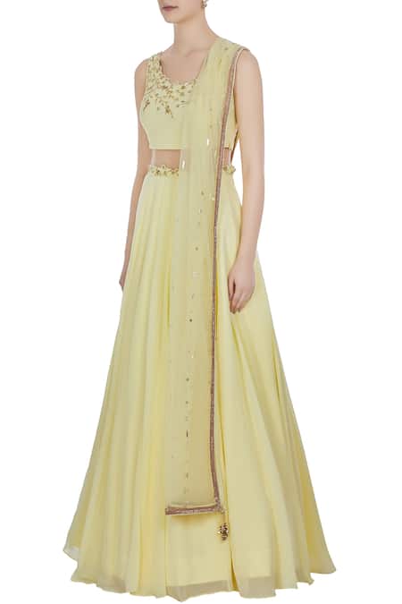 Buy_Pooja Peshoria_Yellow Georgette Embroidered Floral Round Sequin And Cutdana Hand Lehenga Set _Online_at_Aza_Fashions