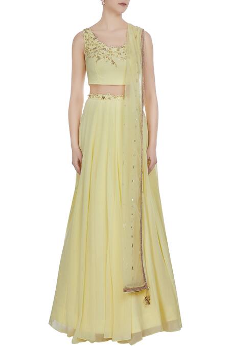 Shop_Pooja Peshoria_Yellow Georgette Embroidered Floral Round Sequin And Cutdana Hand Lehenga Set _Online_at_Aza_Fashions