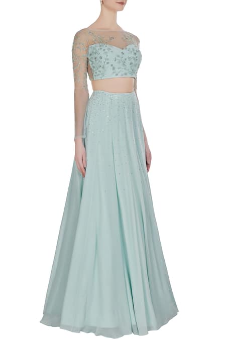 Pooja Peshoria_Blue Crepe Silk Embroidered Floral Round Hand Lehenga Set _Online_at_Aza_Fashions