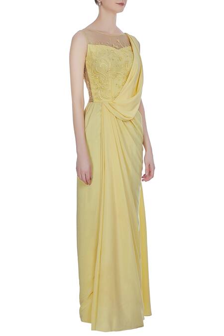 Pooja Peshoria_Yellow Crepe Silk Embroidered Floral Round Hand Cutdana And Sequin Draped Saree _Online_at_Aza_Fashions