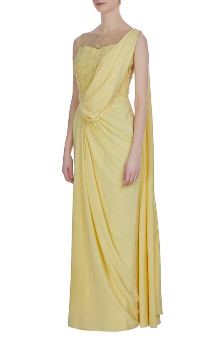 Buy_Pooja Peshoria_Yellow Crepe Silk Embroidered Floral Round Hand Cutdana And Sequin Draped Saree _Online_at_Aza_Fashions