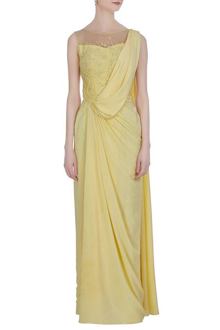 Shop_Pooja Peshoria_Yellow Crepe Silk Embroidered Floral Round Hand Cutdana And Sequin Draped Saree _Online_at_Aza_Fashions