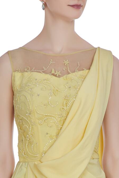 Pooja Peshoria_Yellow Crepe Silk Embroidered Floral Round Hand Cutdana And Sequin Draped Saree _at_Aza_Fashions