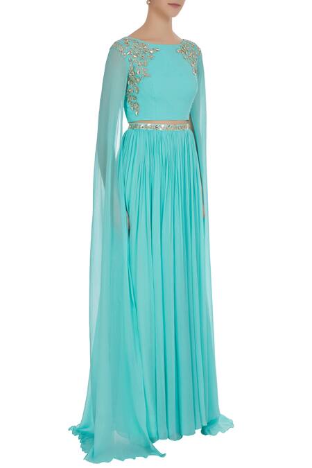 Pooja Peshoria_Blue Georgette Embroidered Floral Round Hand Gota And Crystal Bead Lehenga Set _Online_at_Aza_Fashions