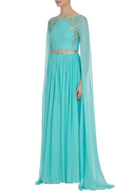 Buy_Pooja Peshoria_Blue Georgette Embroidered Floral Round Hand Gota And Crystal Bead Lehenga Set _Online_at_Aza_Fashions