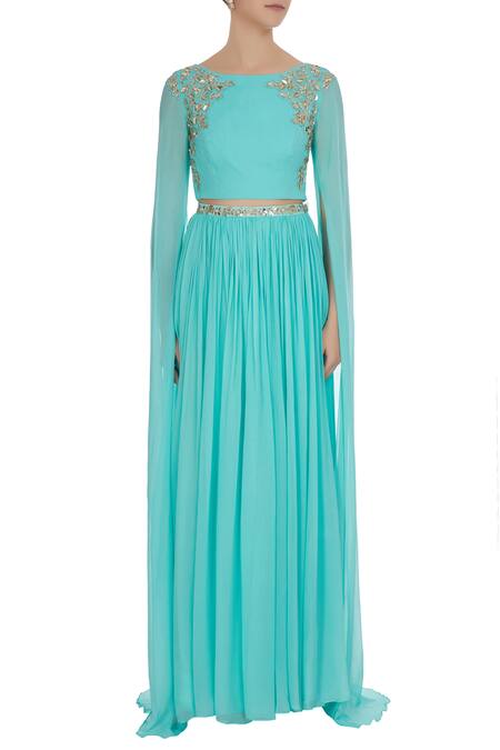 Shop_Pooja Peshoria_Blue Georgette Embroidered Floral Round Hand Gota And Crystal Bead Lehenga Set _Online_at_Aza_Fashions