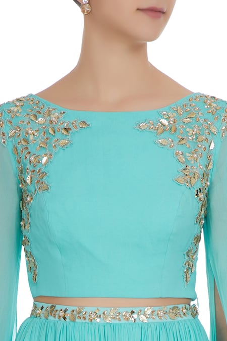 Pooja Peshoria_Blue Georgette Embroidered Floral Round Hand Gota And Crystal Bead Lehenga Set _at_Aza_Fashions