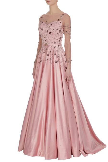 Buy_Pooja Peshoria_Pink Satin Bridal Flared Gown In Crystals And Sequin Work _Online_at_Aza_Fashions