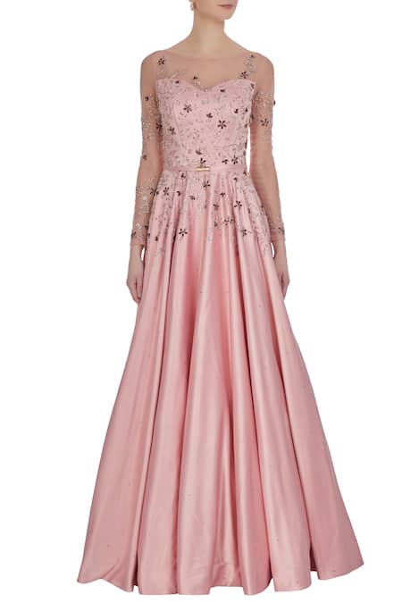 Shop_Pooja Peshoria_Pink Satin Bridal Flared Gown In Crystals And Sequin Work _Online_at_Aza_Fashions