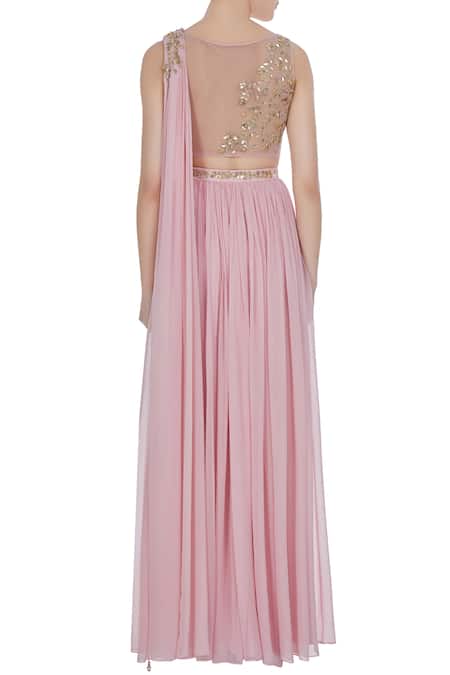 Shop Pooja Peshoria Pink Georgette Embroidered Crystal Mukiash And Cutdana Hand Lehenga Set at Aza Fashions Shop_Pooja Peshoria_Pink Georgette Embroidered Crystal Mukiash And Cutdana Hand Lehenga Set _at_Aza_Fashions