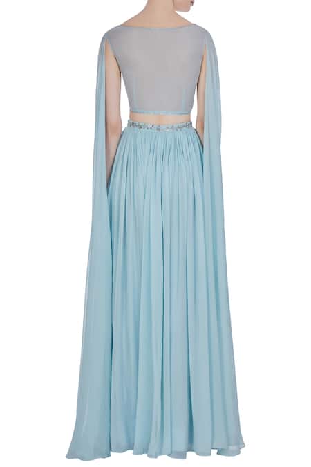 Shop Pooja Peshoria Blue Georgette Embroidered Crystal Cape Sleeve Hand Blouse With Pleated Lehenga at Aza Fashions Shop_Pooja Peshoria_Blue Georgette Embroidered Crystal Cape Sleeve Hand Blouse With Pleated Lehenga _at_Aza_Fashions
