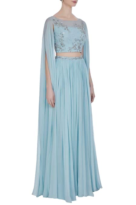 Pooja Peshoria Blue Georgette Embroidered Crystal Cape Sleeve Hand Blouse With Pleated Lehenga Online at Aza Fashions Pooja Peshoria_Blue Georgette Embroidered Crystal Cape Sleeve Hand Blouse With Pleated Lehenga _Online_at_Aza_Fashions