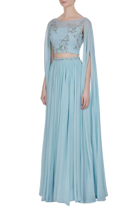 Buy Pooja Peshoria Blue Georgette Embroidered Crystal Cape Sleeve Hand Blouse With Pleated Lehenga Online at Aza Fashions Buy_Pooja Peshoria_Blue Georgette Embroidered Crystal Cape Sleeve Hand Blouse With Pleated Lehenga _Online_at_Aza_Fashions