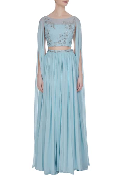 Shop Pooja Peshoria Blue Georgette Embroidered Crystal Cape Sleeve Hand Blouse With Pleated Lehenga Online at Aza Fashions Shop_Pooja Peshoria_Blue Georgette Embroidered Crystal Cape Sleeve Hand Blouse With Pleated Lehenga _Online_at_Aza_Fashions