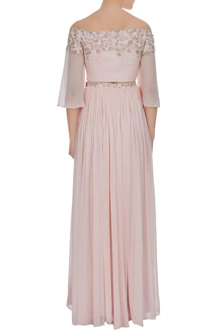 Shop Pooja Peshoria Pink Georgette Embroidered Crystal Off Shoulder And Cutdana Blouse With Lehenga at Aza Fashions Shop_Pooja Peshoria_Pink Georgette Embroidered Crystal Off Shoulder And Cutdana Blouse With Lehenga _at_Aza_Fashions